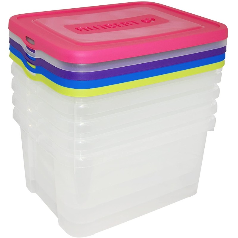 Set od 4 prozirne Curver Handy Box kutije od 25 litara sa plavim, roze, ljubičastim i zelenim poklopcem
