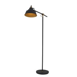 Industrijska podna lampa Steinhauer Mexlite Nové u mat crnoj boji sa zlatnom unutrašnjošću abažura pored radnog stola