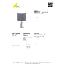 Moderna stona lampa Trio Cosinus sa sivim tekstilnim abažurom i bazom od mat nikla