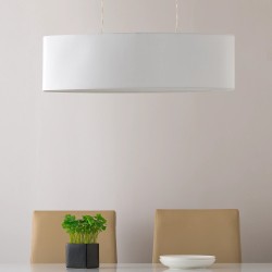 Široka viseća lampa Loistaa Son od bele tkanine sa dva E27 grla za trpezarijski sto