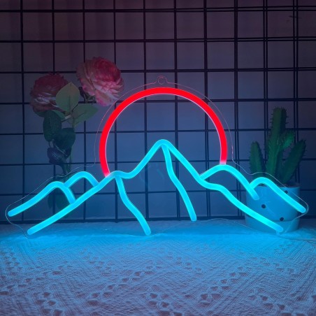 Neon LED znak planine i sunca u ledeno plavoj i crvenoj boji zidna dekoracija