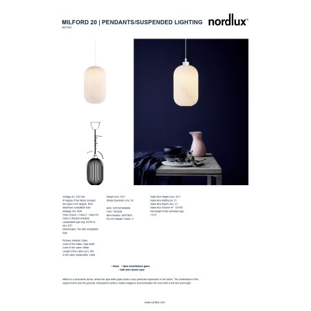 Nordlux Milford 20 bela visilica sa tekstilnim kablom bez opal staklenog abažura