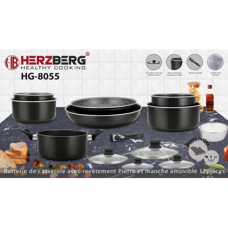 Herzberg HG-8055 crni set posuđa 17 delova mermerni premaz uklonjiva ručka indukcija