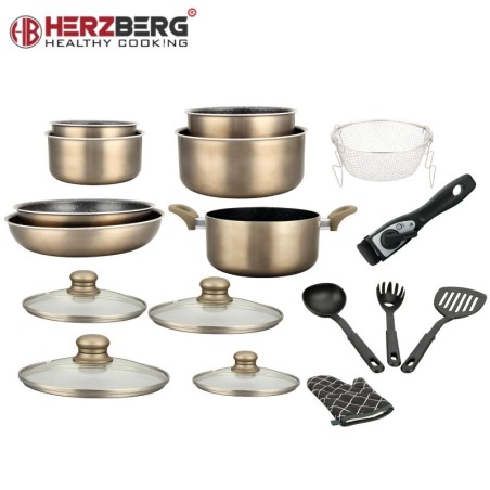 Herzberg HG-8055 zlatni set posuđa 17 delova mermerni premaz uklonjiva ručka indukcija