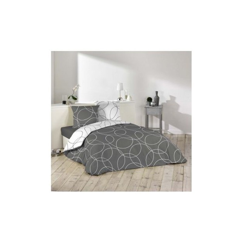 Elton dvostrana posteljina 240x220 siva sa belim geometrijskim krugovima
