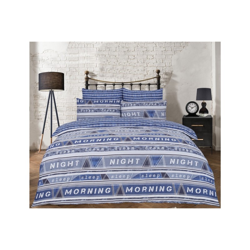 Sleepdown Geo Text plava posteljina 200x200 cm sa good morning i good night tekstom i dve jastučnice
