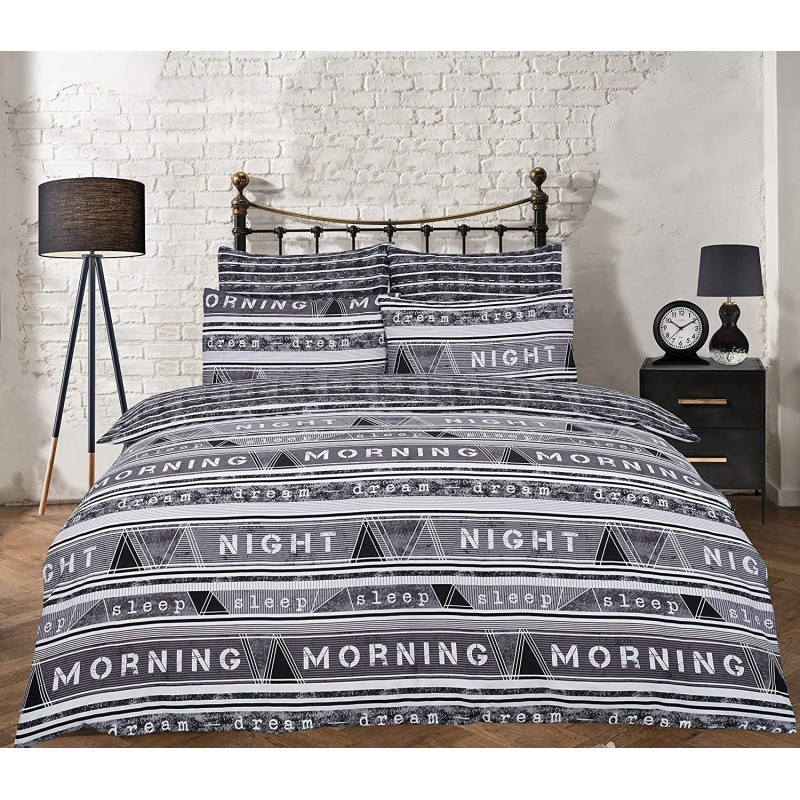 Sleepdown Geo Text crna posteljina 200x200 cm sa good morning i good night tekstom i dve jastučnice