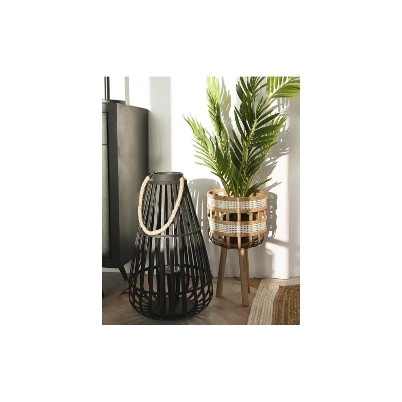 Veliki ukrasni crni fenjer od bambusa i stakla visine 60 cm DKD Home Decor Tropical dizajn