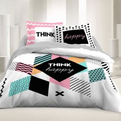 Moderna bračna posteljina Lily Rose Happy od 100% pamuka sa geometrijskim dezenom i natpisom Think Happy