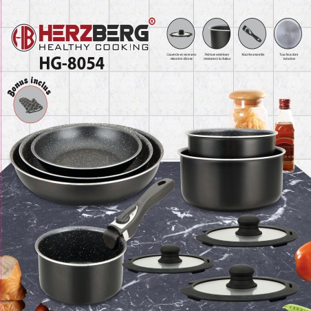 Herzberg HG-8054 crni set posuđa 11 delova mermerni premaz i silikonski poklopci