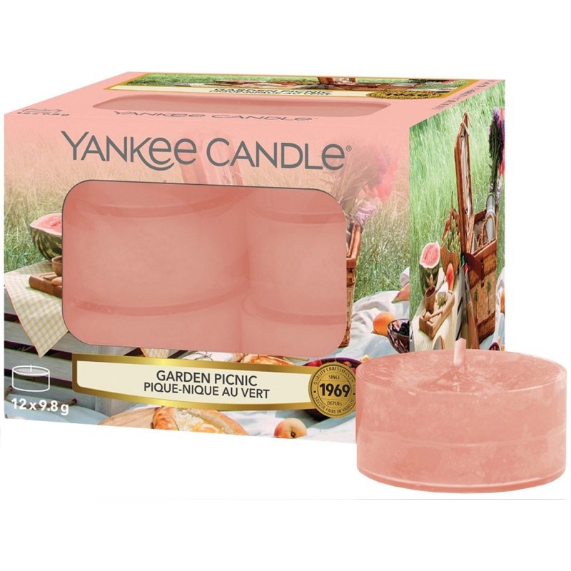 Set od 12 Yankee Candle Garden Picnic čajnih svećica u kutiji sa cvetno-voćnim mirisom zrelog voća