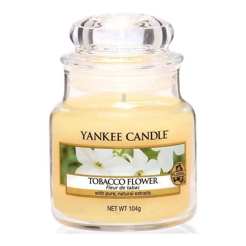 Yankee Candle Tobacco Flower mirisna sveća u maloj staklenoj tegli od 104 grama sa začinsko-drvenastim mirisom cveta duvana