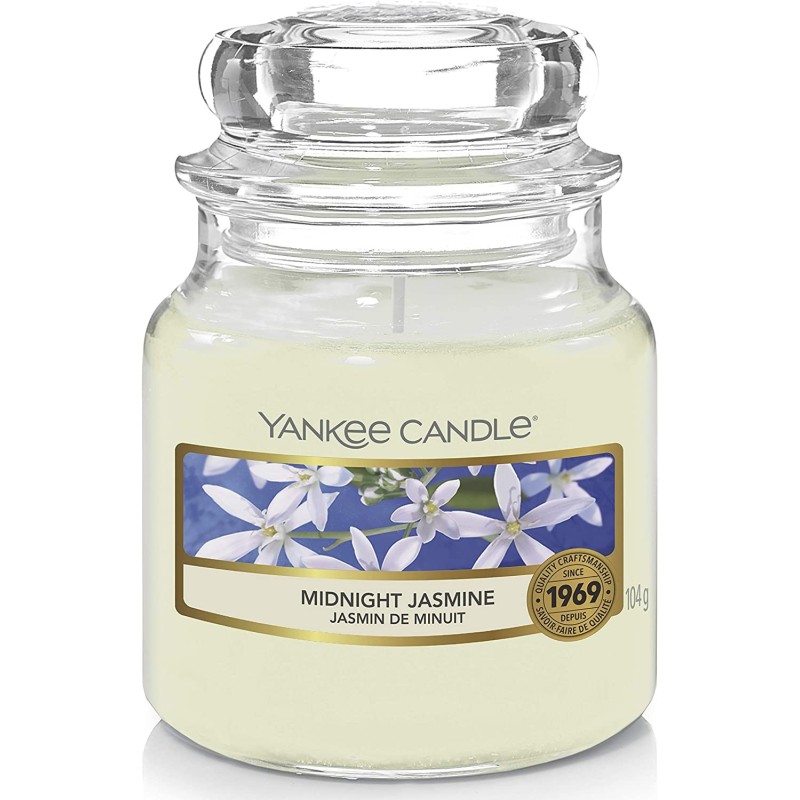 Yankee Candle Midnight Jasmine mirisna sveća u maloj staklenoj tegli od 104 grama sa cvetnim motivom jasmina
