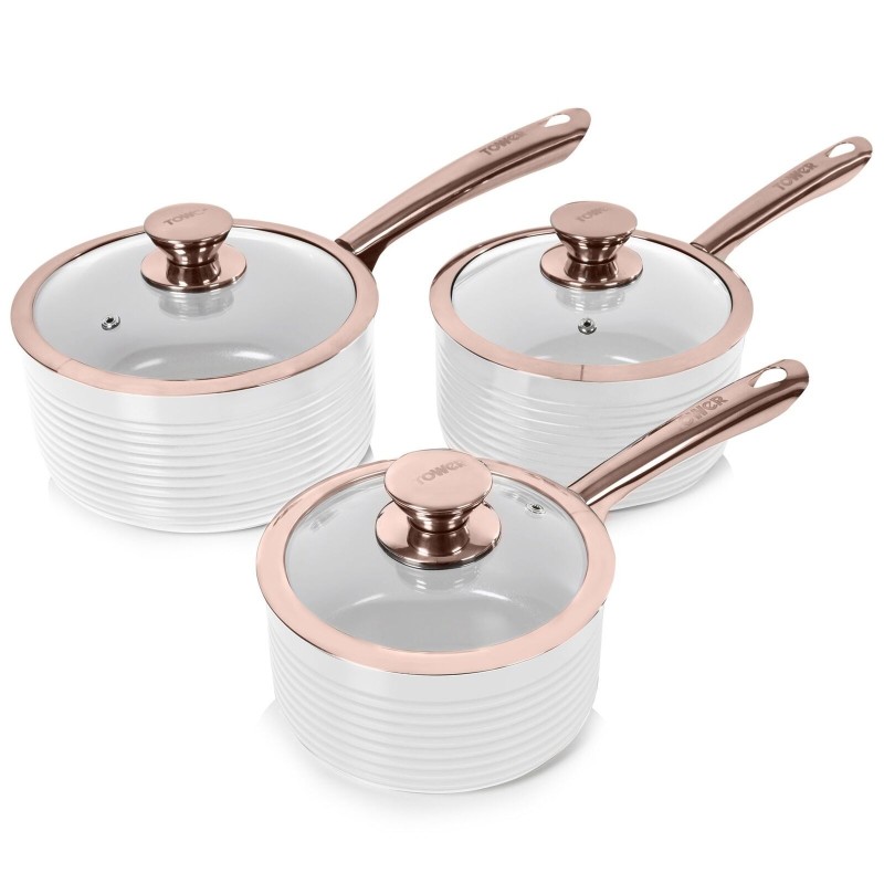 Tower Linear Rose Gold set 3 bele kaserole 16 18 20 cm sa Cerasure keramičkim premazom i bakarnim ručkama