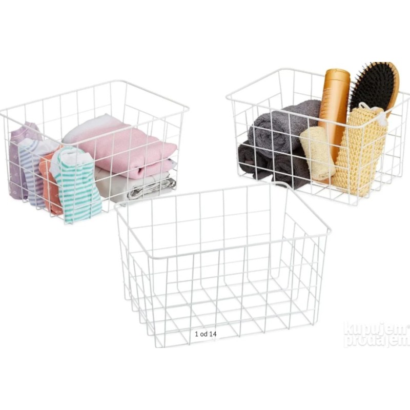 Set od 3 Žičane Metalne Korpe – Bela, 15.5x28x20cm | Outlet BGD