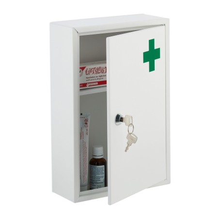 Beli Relaxdays metalni ormarić za lekove 32x21.5x8 cm sa zelenim krstom, bravom i dve police