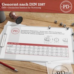 Set od osam prohromskih PD M16 kapastih slepih navrtki DIN 1587 sa metričkim navojem