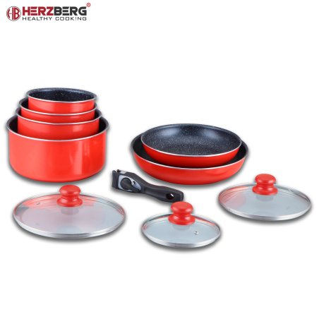 Herzberg HG-5000 crveni set posuđa 10 delova mermerni premaz otporan na grebanje