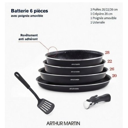 Arthur Martin set 3 tiganja i tiganj za palačinke 28cm sa uklonjivom ručkom i špatulom