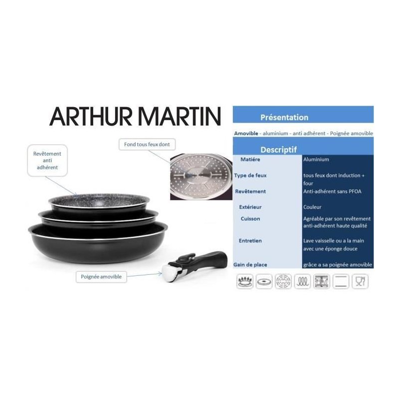 Arthur Martin set 3 crna tiganja 20 24 28 cm sa efektom kamena i uklonjivom ručkom