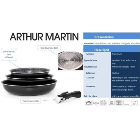 Arthur Martin set 3 crna tiganja 20 24 28 cm sa efektom kamena i uklonjivom ručkom