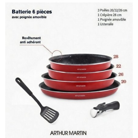 Arthur Martin 6-delni set crvenih tiganja sa tiganjem za palačinke 28cm