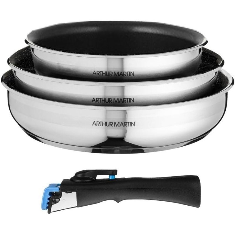 Arthur Martin set 3 inox tiganja 20 24 28 cm sa nelepljivom oblogom i uklonjivom ručkom