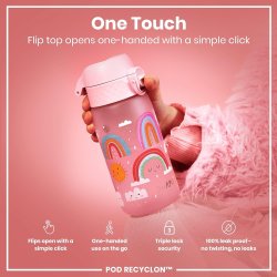 ION8 Dečija Boca za Vodu 350ml – Nepropusna, BPA Free, Flip Poklopac, Roze Duge, Nagrade