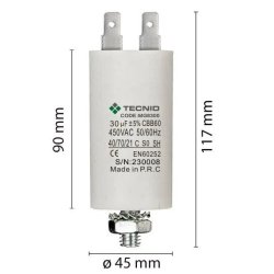 Beli radni kondenzator 30 µF 400/450 V AC sa duplim konektorom i navojnim nastavkom